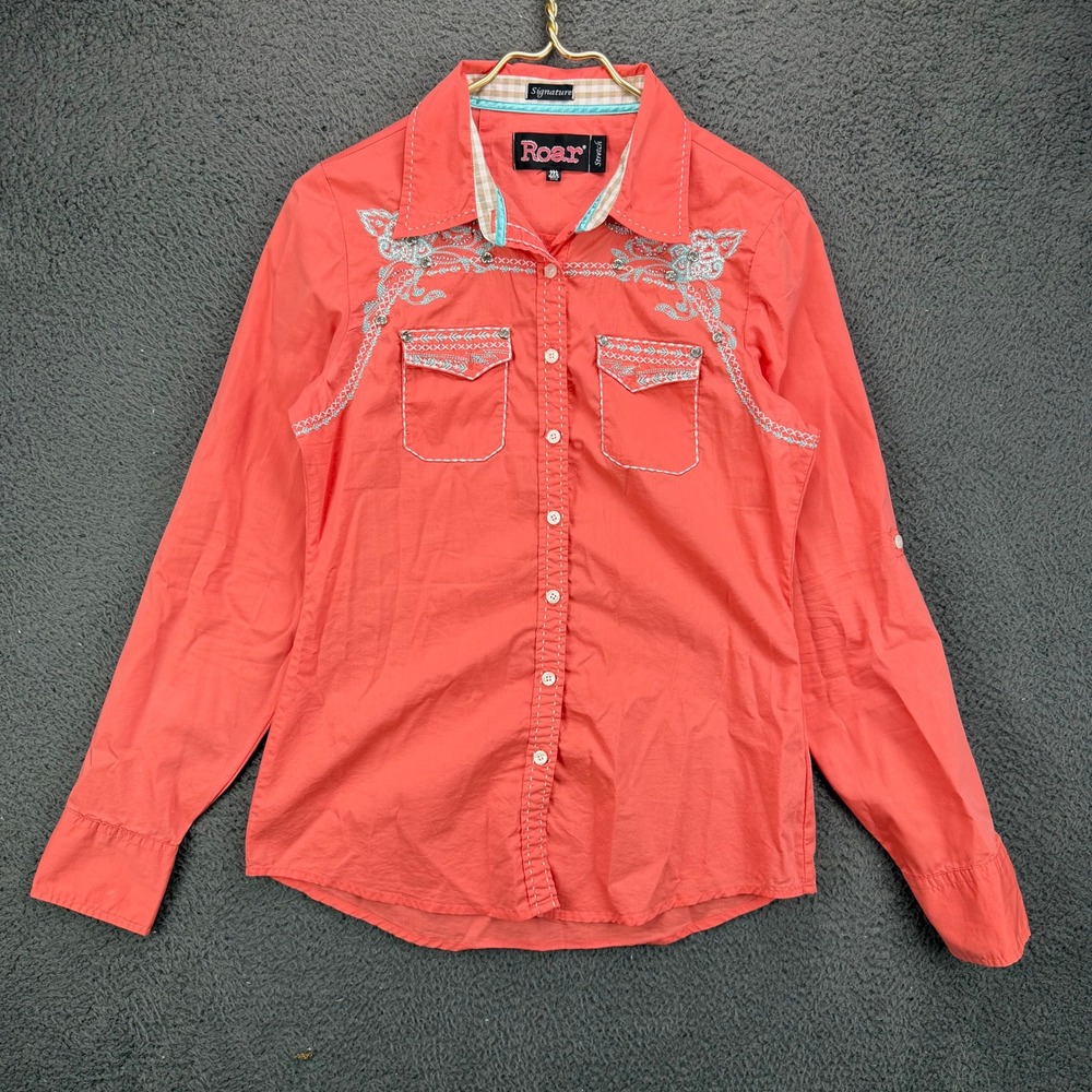 Roar Signature Womens Medium Coral Embroidered Rhinestone Western Button Shirt